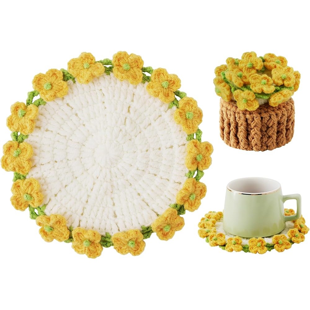 Handgehäkelte Blumen-Untersetzer mit Halter