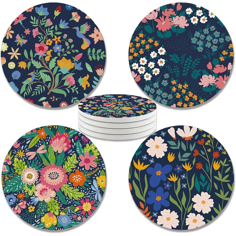 Keramik-Untersetzer mit Blumenmotiv und Korkboden, 4er-Set